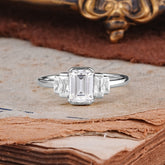 Emerald Cut Baguette Side Stones Moissanite Engagement  Ring